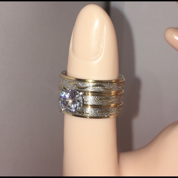 ⚜️ Two Tone Frosted Steel 3 Band Wedding Ring Set - Picture 6 of 13